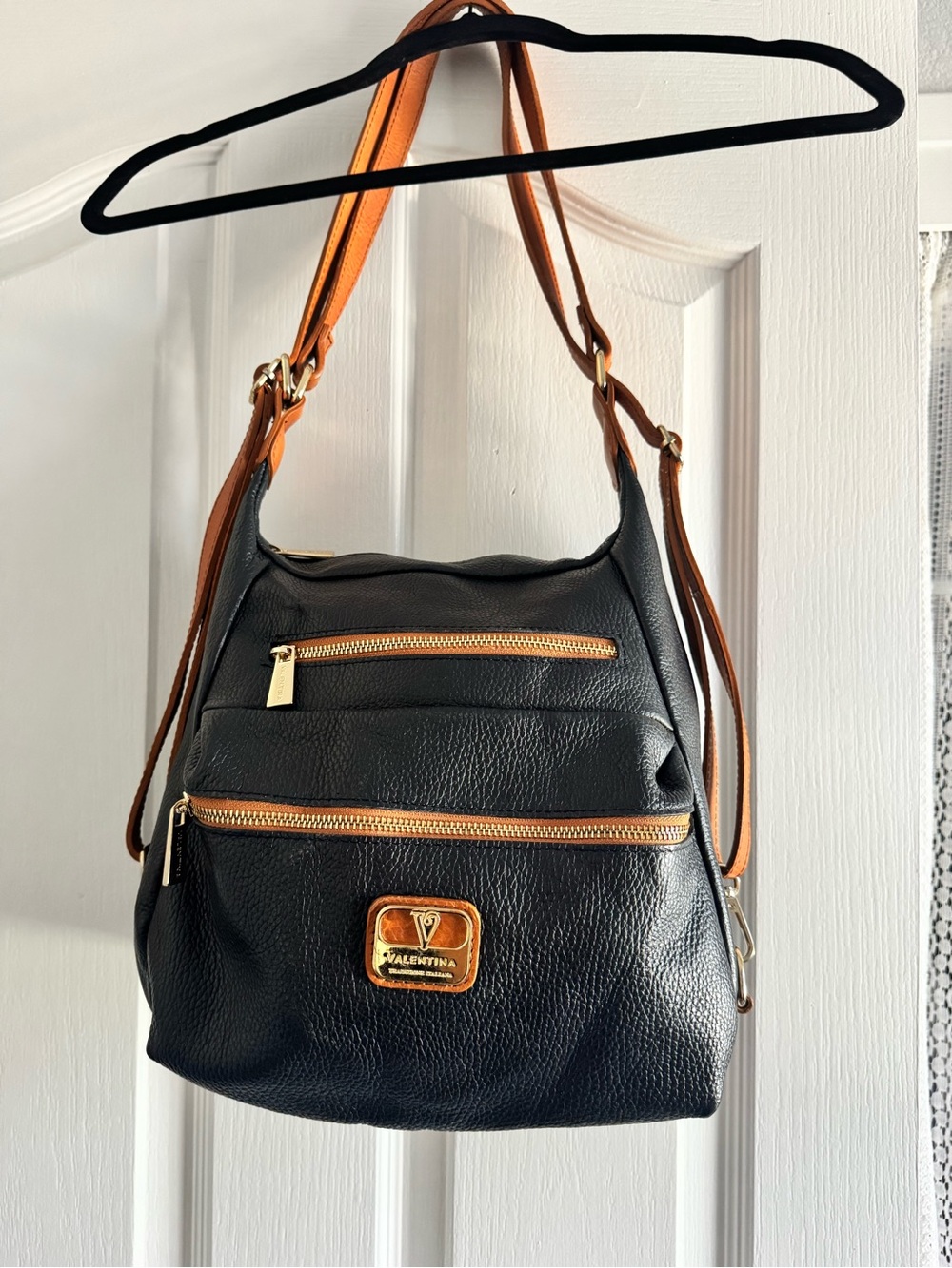 Valentina Made in Italy Genuine Leather Convertible Backpack Bag Black Brown
